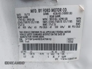 2014 Ford F-250 XL with VIN 1FTBF2A65EEA70612, listed as a IAAI auction lot 42707134 with 235,156 mi miles and . Bid and sale history available at DreamBid. Image 9.