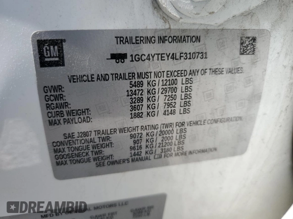 2020 Chevrolet Silverado 3500HD LT with VIN 1GC4YTEY4LF310731, listed as a Copart auction lot 69522614 with 121,916 mi miles and Salvage Title. Bid and sale history available at carsss.com. Image 12.