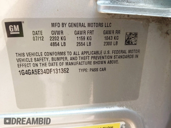 2013 Buick LaCrosse with VIN 1G4GA5E34DF131362, listed as a IAAI auction lot 42427493 with 187,099 mi miles and . Bid and sale history available at DreamBid. Image 9.