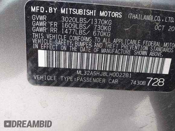 2020 Mitsubishi Mirage LE with VIN ML32A5HJ8LH002281, listed as a IAAI auction lot 42321313 with 59,064 mi miles and . Bid and sale history available at DreamBid. Image 9.