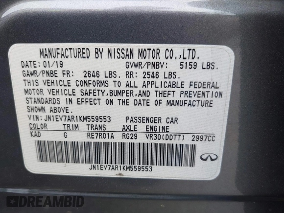 2019 Infiniti Q50 3.0t LUXE with VIN JN1EV7AR1KM559553, listed as a IAAI auction lot 40128019 with 62,272 mi miles. Bid and sale history available at carsss.com. Image 9.