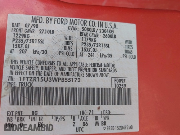 1998 Ford Ranger XL with VIN 1FTZR15U3WPB55172, listed as a IAAI auction lot 41693488 with 167,472 mi miles and . Bid and sale history available at DreamBid. Image 9.