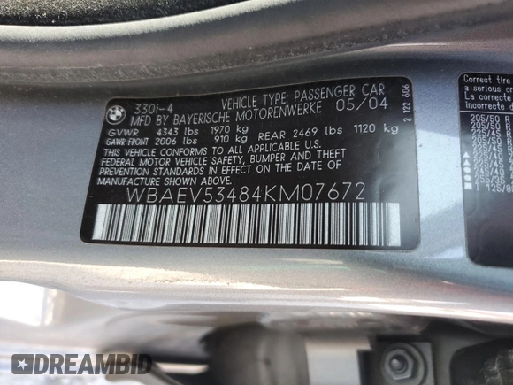 2004 BMW 3 Series 330i with VIN WBAEV53484KM07672, listed as a Copart auction lot 83560464 with 68,514 mi miles and Salvage Title. Bid and sale history available at carsss.com. Image 14.