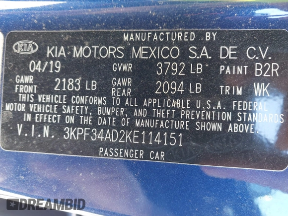 2019 Kia Forte S z VIN 3KPF34AD2KE114151, wystawiony jako IAAI lot #41986742 z przebiegiem 44 922 mil mil oraz . Historia ofert i sprzedaży dostępna na DreamBid. Obrazek 9.