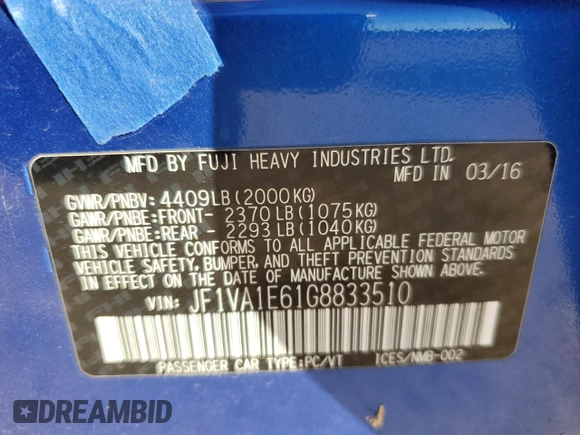 2016 Subaru WRX Premium with VIN JF1VA1E61G8833510, listed as a Copart auction lot 88782335 with 94,810 mi miles and Salvage Title. Bid and sale history available at carsss.com. Image 13.