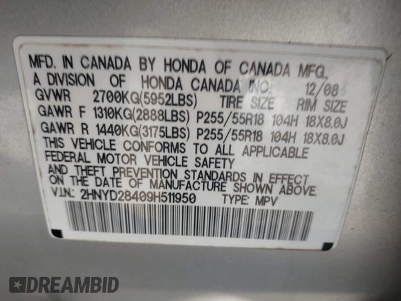 2009 Acura MDX Tech/Entertainment Pkg with VIN 2HNYD28409H511950, listed as a IAAI auction lot 41392609 with 204,860 mi miles. Bid and sale history available at carsss.com. Image 9.