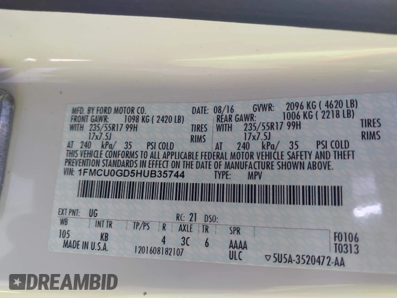 2017 Ford Escape SE z VIN 1FMCU0GD5HUB35744, wystawiony jako IAAI lot #41389972 z przebiegiem 171 623 mil mil oraz . Historia ofert i sprzedaży dostępna na DreamBid. Obrazek 9.