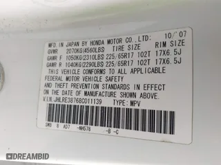 2008 Honda CR-V EX-L with VIN JHLRE38768C011139, listed as a IAAI auction lot 42091939 with 367,758 mi miles. Bid and sale history available at carsss.com. Image 9.