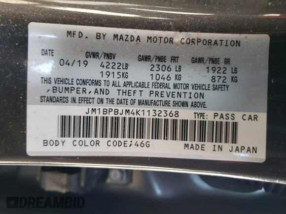 2019 Mazda 3 with VIN JM1BPBJM4K1132368, listed as a Copart auction lot 78700753 with 54,170 mi miles and Salvage title. Bid and sale history available at DreamBid. Image 12.