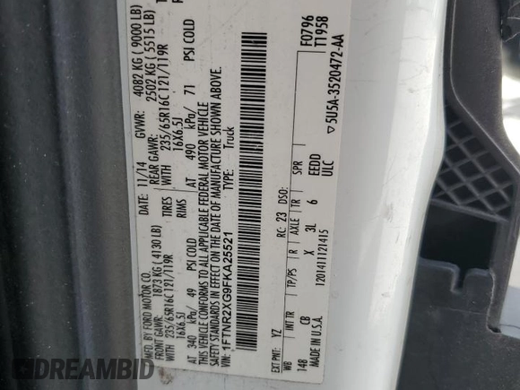 2015 Ford Transit Cargo с VIN 1FTNR2XG9FKA25521, выставлен на аукционе Copart как лот 63372545 с пробегом 145 538 миль миль и Списание • Salvage title. История ставок и продаж доступна на DreamBid. Изображение 14.