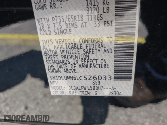 2020 Infiniti QX60 Luxe with VIN 5N1DL0MN6LC526033, listed as a IAAI auction lot 42367371 with 78,598 mi miles and . Bid and sale history available at DreamBid. Image 9.
