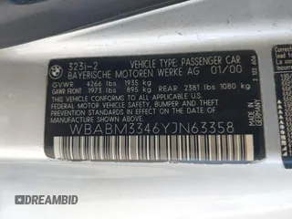 2000 BMW 3 Series 323Ci with VIN WBABM3346YJN63358, listed as a IAAI auction lot 42177145 with 25,361 mi miles and . Bid and sale history available at carsss.com. Image 9.