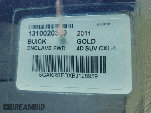 2011 Buick Enclave CXL-1 with VIN 5GAKRBEDXBJ128959, listed as a IAAI auction lot 41743273 with 164,213 mi miles. Bid and sale history available at carsss.com. Image 9.