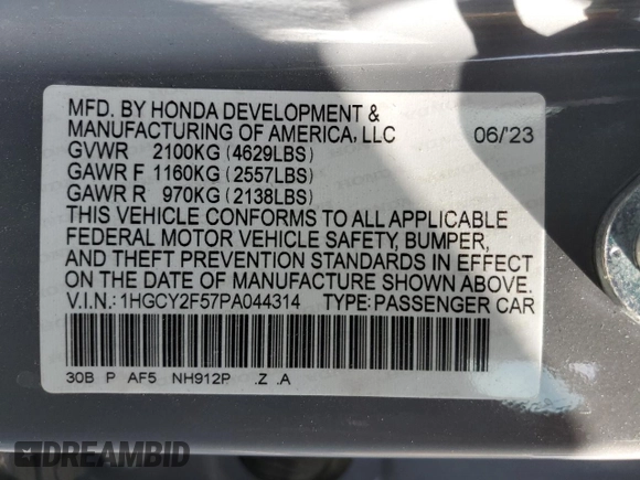 2023 Honda Accord Sport with VIN 1HGCY2F57PA044314, listed as a Copart auction lot 64257975 with Not provided miles and Salvage title. Bid and sale history available at DreamBid. Image 12.