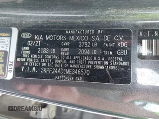 2021 Kia Forte FE with VIN 3KPF24AD1ME346570, listed as a IAAI auction lot 42216437 with 114,770 mi miles and . Bid and sale history available at carsss.com. Image 9.