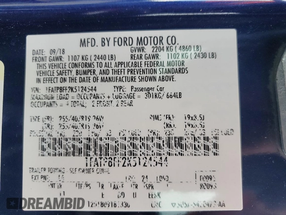 2019 Ford Mustang GT Premium with VIN 1FATP8FF2K5124544, listed as a Copart auction lot 65236465 with 92,874 mi miles and Non repairable. Bid and sale history available at DreamBid. Image 12.