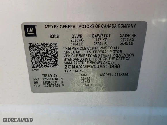 2018 Chevrolet Equinox Premier with VIN 2GNAXMEV0J6310998, listed as a Copart auction lot 50713465 with 92,041 mi miles and Salvage Title. Bid and sale history available at carsss.com. Image 13.