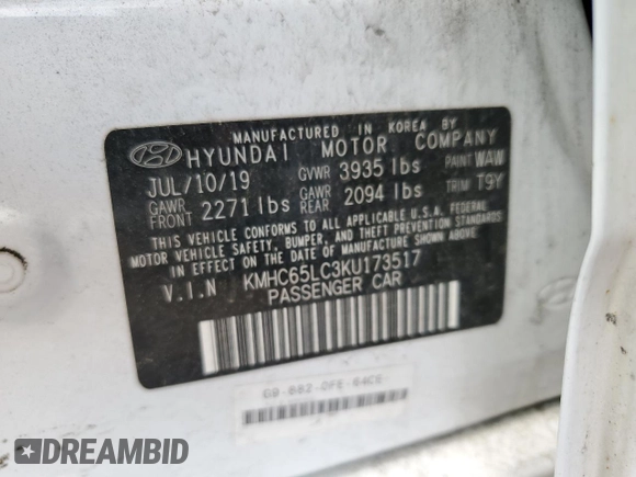 2019 Hyundai Ioniq Blue z VIN KMHC65LC3KU173517, wystawiony jako Copart lot #60123015 z przebiegiem 238 627 mil mil oraz Czysty tytuł • Clean title. Historia ofert i sprzedaży dostępna na DreamBid. Obrazek 12.