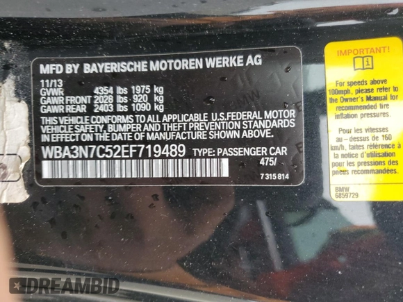 2014 BMW 4 Series 428i with VIN WBA3N7C52EF719489, listed as a Copart auction lot 57151955 with 83,805 mi miles and Salvage title. Bid and sale history available at DreamBid. Image 12.