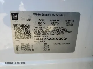 2019 Chevrolet Traverse Premier with VIN 1GNERKKW2KJ289900, listed as a Copart auction lot 88985695 with 55,900 mi miles and Salvage Title. Bid and sale history available at carsss.com. Image 15.