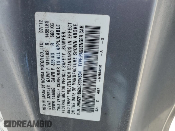 2012 Honda CR-Z EX with VIN JHMZF1D6XCS004834, listed as a Copart auction lot 53790365 with 109,828 mi miles and Salvage title. Bid and sale history available at DreamBid. Image 13.