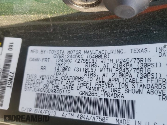 2013 Toyota Tacoma PreRunner z VIN 5TFJU4GN5DX045112, wystawiony jako Copart lot #52278955 z przebiegiem 160 550 mil mil oraz Szkoda całkowita • Salvage title. Historia ofert i sprzedaży dostępna na DreamBid. Obrazek 14.