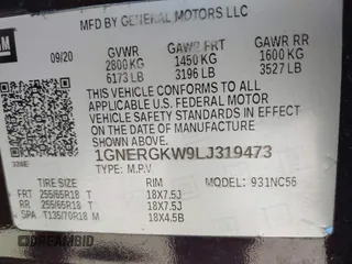 2020 Chevrolet Traverse LT Cloth with VIN 1GNERGKW9LJ319473, listed as a IAAI auction lot 41859216 with 63,159 mi miles. Bid and sale history available at carsss.com. Image 9.