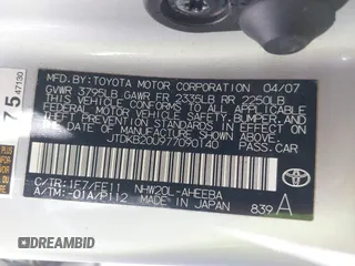 2007 Toyota Prius with VIN JTDKB20U977090140, listed as a IAAI auction lot 42688038 with 198,665 mi miles and . Bid and sale history available at DreamBid. Image 9.