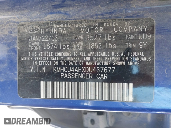 2013 Hyundai Accent GLS with VIN KMHCU4AEXDU437677, listed as a IAAI auction lot 42110350 with 144,947 mi miles. Bid and sale history available at carsss.com. Image 9.