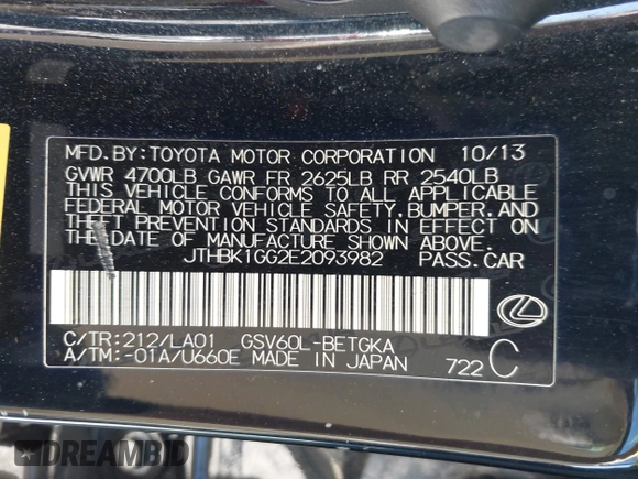 2014 Lexus ES 350 with VIN JTHBK1GG2E2093982, listed as a IAAI auction lot 41833507 with 154,969 mi miles. Bid and sale history available at carsss.com. Image 9.