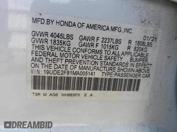 2021 Acura ILX Premium with VIN 19UDE2F81MA005141, listed as a Copart auction lot 56690405 with 53,948 mi miles and Salvage title. Bid and sale history available at DreamBid. Image 13.
