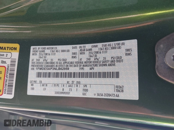 2022 Ford Bronco with VIN 1FMDE5AP3NLB62959, listed as a IAAI auction lot 42636180 with 33,827 mi miles and . Bid and sale history available at DreamBid. Image 9.