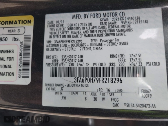 2015 Ford Fusion SE with VIN 3FA6P0H79FR218296, listed as a IAAI auction lot 41834928 with 233,826 mi miles. Bid and sale history available at carsss.com. Image 9.