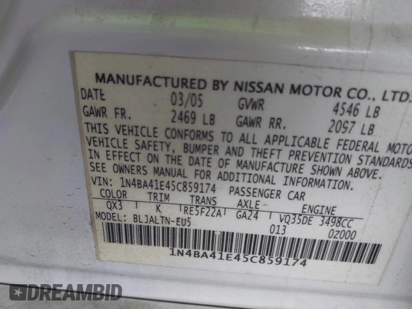 2005 Nissan Maxima 3.5 SL with VIN 1N4BA41E45C859174, listed as a IAAI auction lot 41454102 with 196,770 mi miles. Bid and sale history available at carsss.com. Image 9.