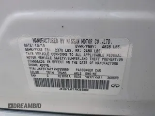 2015 Infiniti Q50 Premium with VIN JN1BV7AP1FM355889, listed as a IAAI auction lot 42212761 with 89,516 mi miles and . Bid and sale history available at DreamBid. Image 9.