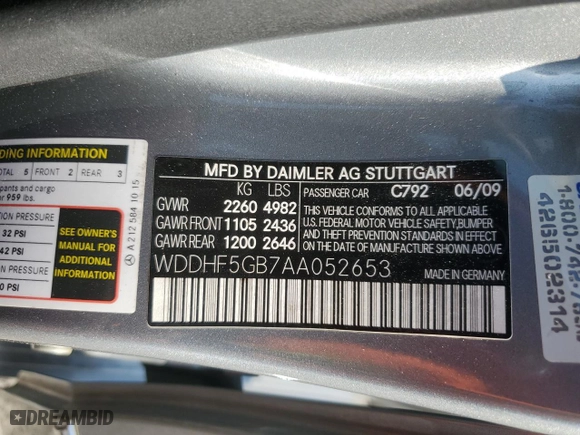 2010 Mercedes-Benz E-Class E 350 Luxury with VIN WDDHF5GB7AA052653, listed as a Copart auction lot 52242305 with 188,926 mi miles and Clean Title. Bid and sale history available at carsss.com. Image 13.
