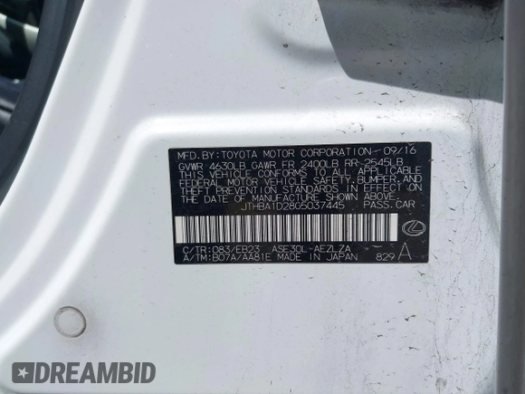 2016 Lexus IS 200t with VIN JTHBA1D28G5037445, listed as a IAAI auction lot 42034808 with 107,951 mi miles and . Bid and sale history available at DreamBid. Image 9.