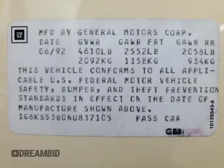 1992 Cadillac Seville z VIN 1G6KS53B0NU837105, wystawiony jako Copart lot #55865205 z przebiegiem 94 740 mil mil oraz Szkody całkowita. Historia ofert i sprzedaży dostępna na DreamBid. Obrazek 12.