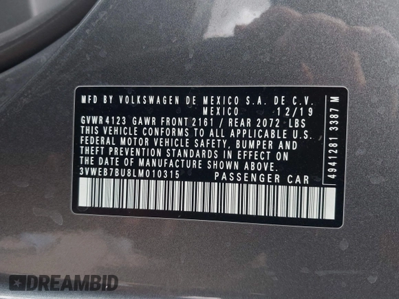 2020 Volkswagen Jetta SEL with VIN 3VWEB7BU8LM010315, listed as a IAAI auction lot 41702998 with 59,276 mi miles and . Bid and sale history available at DreamBid. Image 9.