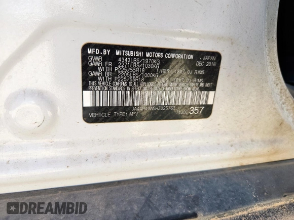 2017 Mitsubishi Outlander SEL с VIN JA4AP4AW5HZ025763, выставлен на аукционе Copart как лот 61055155 с пробегом 73 520 миль миль и Списание • Salvage title. История ставок и продаж доступна на DreamBid. Изображение 12.