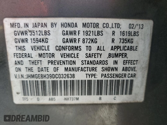 2013 Honda Fit with VIN JHMGE8H39DC032638, listed as a Copart auction lot 49655735 with 189,834 mi miles and Salvage Title. Bid and sale history available at carsss.com. Image 16.