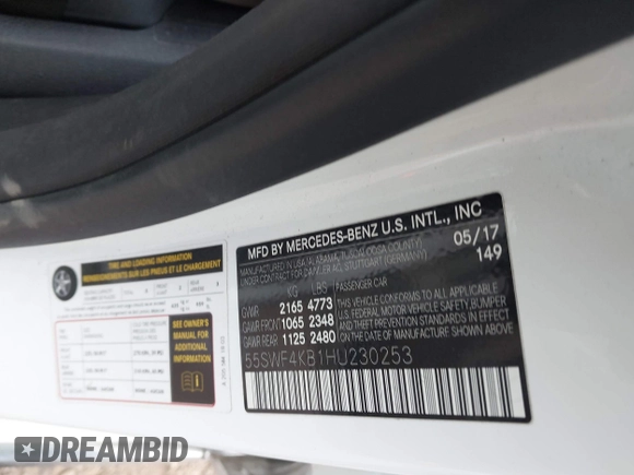 2017 Mercedes-Benz C 300 with VIN 55SWF4KB1HU230253, listed as a IAAI auction lot 41621762 with 138,299 mi miles and . Bid and sale history available at carsss.com. Image 9.