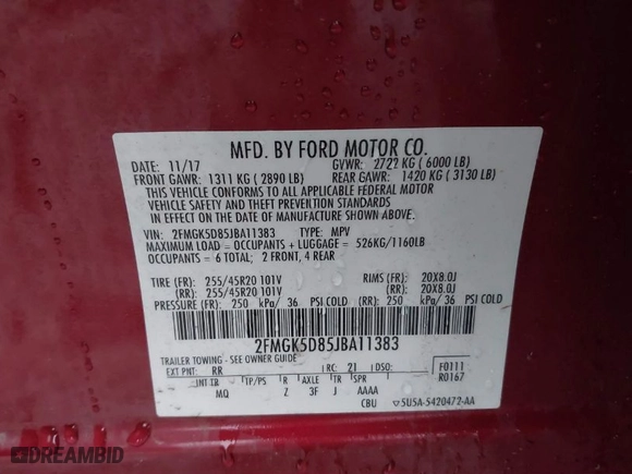 2018 Ford Flex Limited with VIN 2FMGK5D85JBA11383, listed as a IAAI auction lot 41433342 with 123,519 mi miles. Bid and sale history available at carsss.com. Image 9.