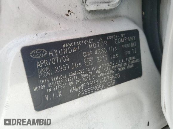 2003 Hyundai Sonata GLS with VIN KMHWF35H83A876608, listed as a Copart auction lot 78296724 with 0 mi miles and Non Repairable. Bid and sale history available at carsss.com. Image 13.