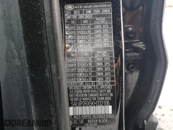 2019 Land Rover Range Rover Evoque SE with VIN SALVP2RX5KH332106, listed as a Copart auction lot 43543275 with 68,147 mi miles and Salvage Title. Bid and sale history available at carsss.com. Image 13.
