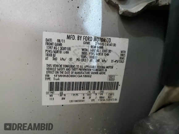 2012 Ford Explorer XLT with VIN 1FMHK8D89CGA18662, listed as a Copart auction lot 88085055 with 213,837 mi miles and Salvage Title. Bid and sale history available at DreamBid. Image 13.