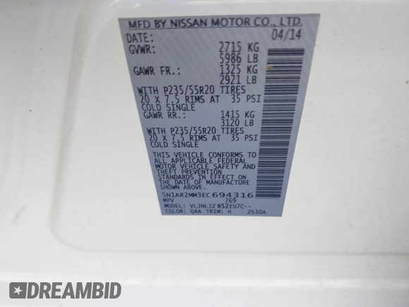 2014 Nissan Pathfinder SL with VIN 5N1AR2MM3EC694316, listed as a IAAI auction lot 42206936 with 182,521 mi miles. Bid and sale history available at carsss.com. Image 9.