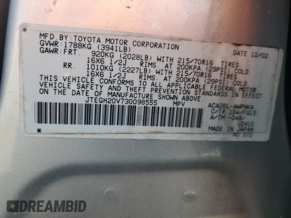 2003 Toyota RAV4 with VIN JTEGH20V730098555, listed as a Copart auction lot 52358035 with 177,133 mi miles and Salvage Title. Bid and sale history available at DreamBid. Image 13.