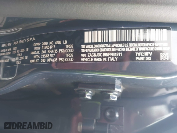 2022 Jeep Renegade Trailhawk with VIN ZACNJDC19NPN61911, listed as a IAAI auction lot 41181227 with 25,614 mi miles and . Bid and sale history available at DreamBid. Image 9.