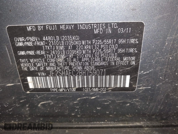 2011 Subaru Forester X Limited with VIN JF2SHAEC2BH759071, listed as a IAAI auction lot 42447091 with 103,910 mi miles and . Bid and sale history available at DreamBid. Image 9.
